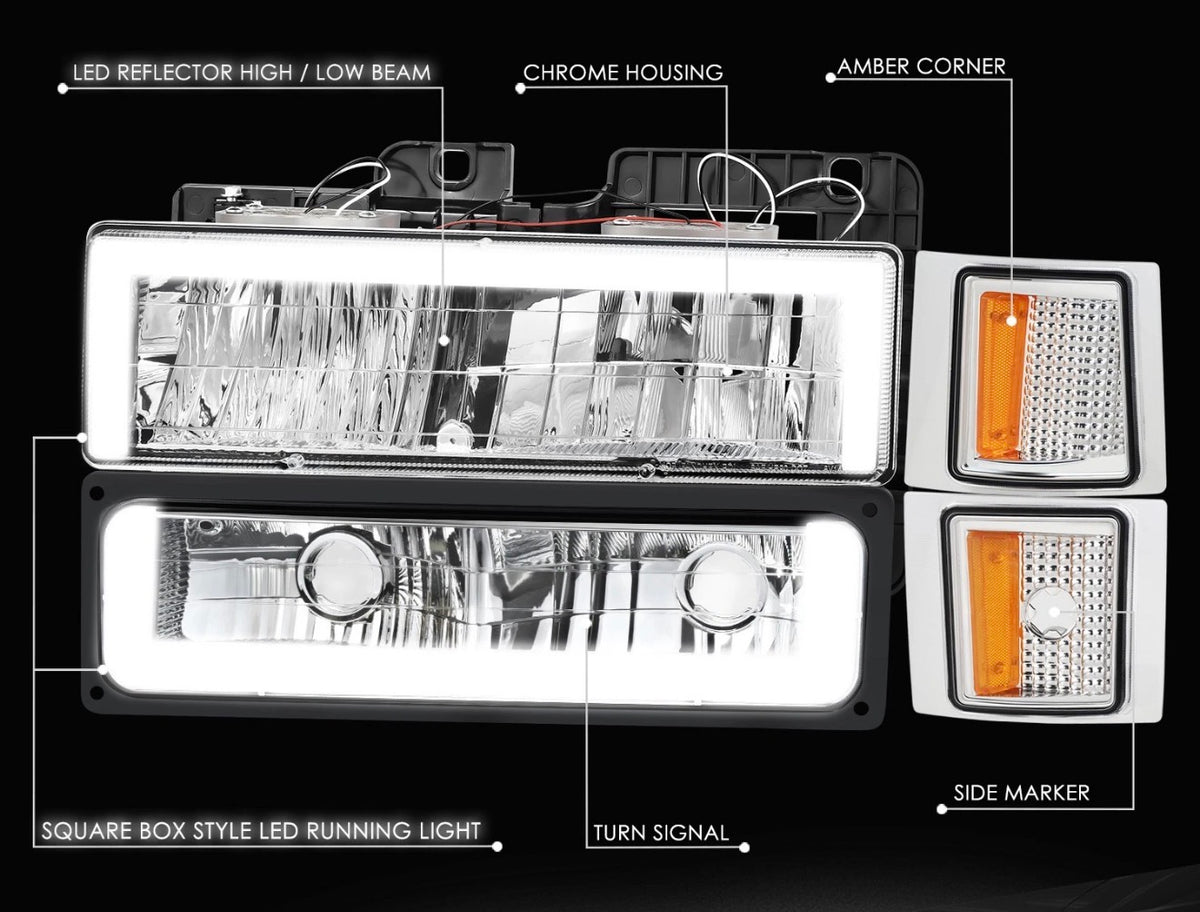 Fit 94-00 Chevy C/K LED DRL Headlight+Bumper Signal+Corner Lamps Chrome/Amber