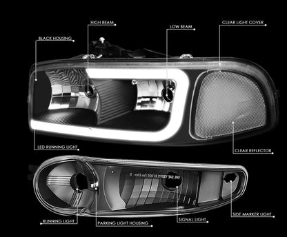 Fit 00-06 GMC Yukon XL Sierra Denali LED DRL Headlight+Bumper Lamps Black/Clear