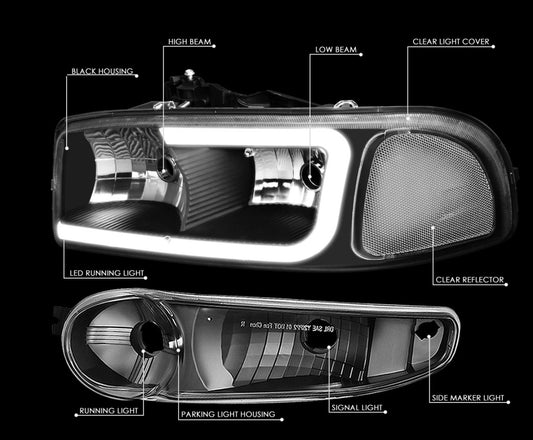 Fit 00-06 GMC Yukon XL Sierra Denali LED DRL Headlight+Bumper Lamps Black/Clear
