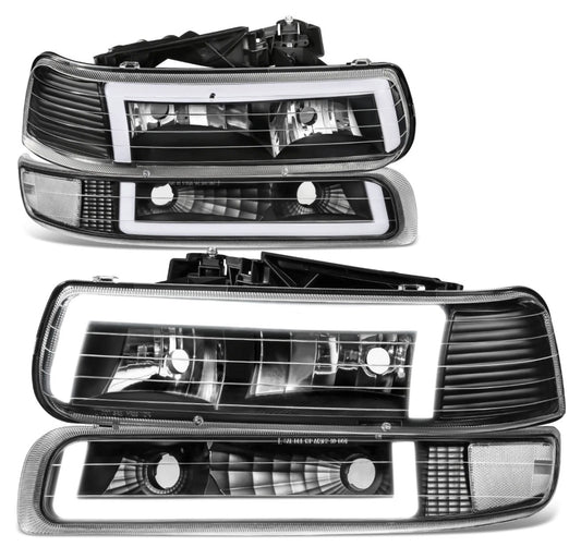 Fit 99-06 Silverado Suburban Tahoe Black C-Shape LED DRL Headlights +Bumper Lamp