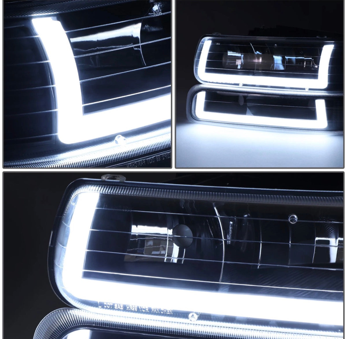 Fit 99-02 Silverado Suburban DRL LED Light Bar Type-2 Black Amber Headlights