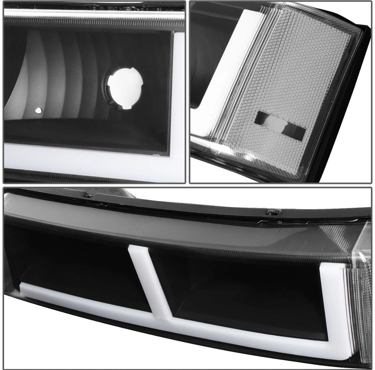 Fit 03-07 Silverado 1500-3500 F-Pattern LED DRL Headlights Bumper Lamps Black