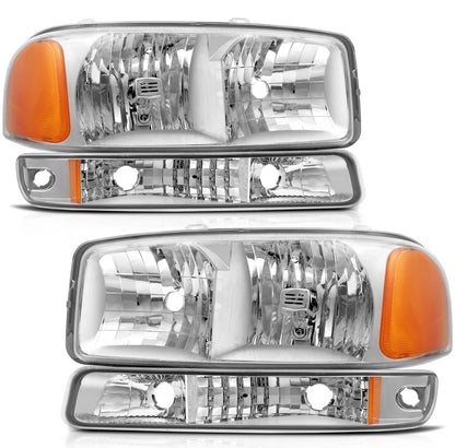 Headlights Assembly+Bumper Light Pair For 2003-2006 GMC Sierra 1500 Clear Lamps