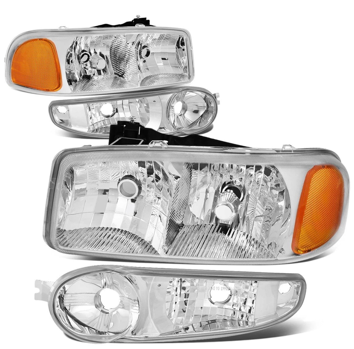 Fit 01-07 GMC Sierra/Yukon Denali Pair Chrome/Amber Side Headlights+Bumper Lamps