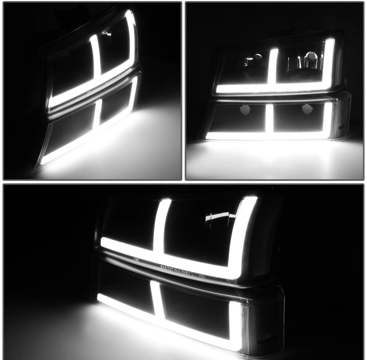 Fit 03-07 Silverado 1500-3500 F-Pattern LED DRL Headlights Bumper Lamps Black