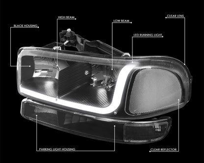 For 1999-2007 Sierra 1500 2500 LED DRL Headlight Bumper Signal Lamps Black Clear