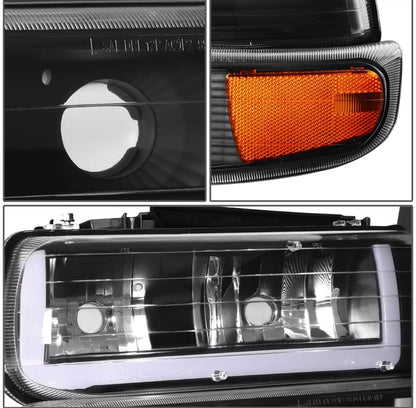 Fit 99-02 Silverado Suburban DRL LED Light Bar Type-2 Black Amber Headlights