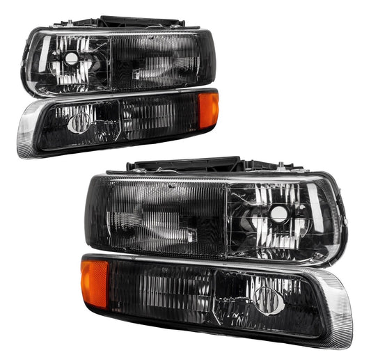 Black Headlights Bumper Lamps For 1999-2002 Chevy Silverado/00-06 Tahoe Suburban amber