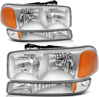 Headlights Assembly+Bumper Light Pair For 2003-2006 GMC Sierra 1500 Clear Lamps