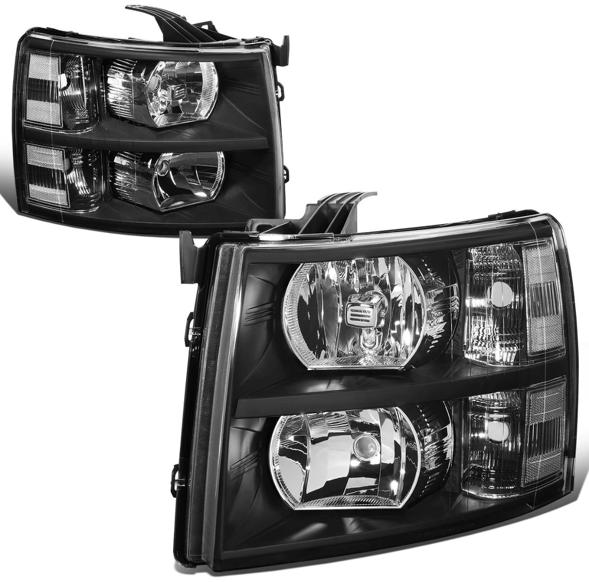 Fit 2007-2014 Chevy Silverado Pair Black Housing Clear Side Headlight/Lamp Set