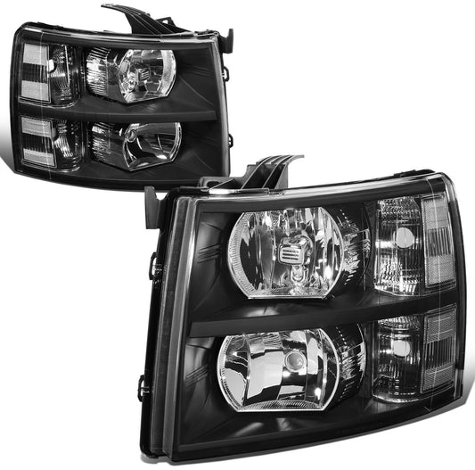 Fit 2007-2014 Chevy Silverado Pair Black Housing Clear Side Headlight/Lamp Set